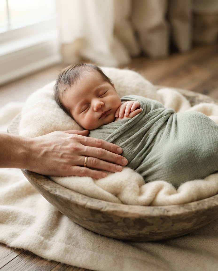 A sleeping newborn in a sage wrap lies safely on padded blankets in a low wooden bowl with a parent's hand nearby.
