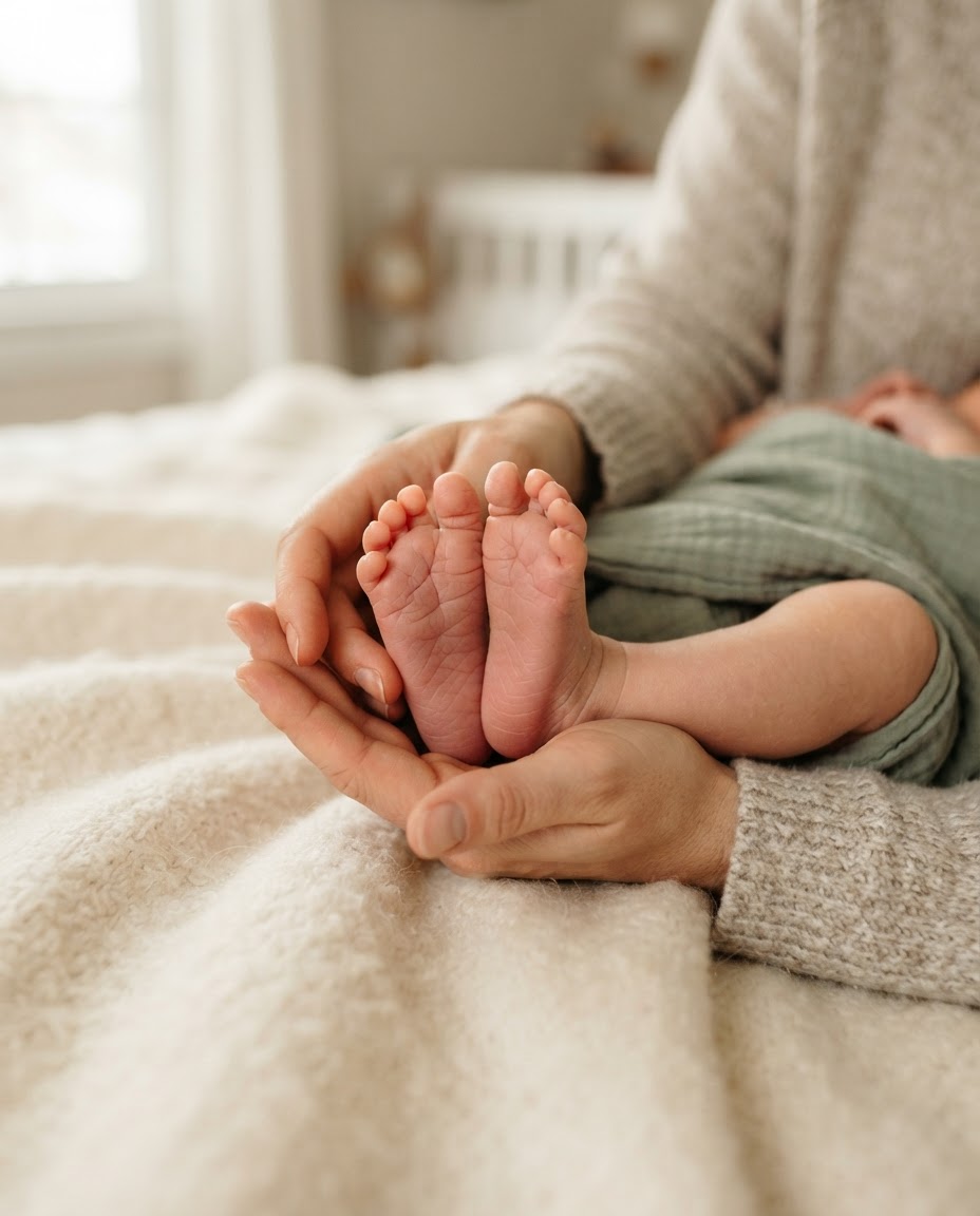 A parent's open palm gently cups the tiny feet of a newborn resting on a padded cream blanket.