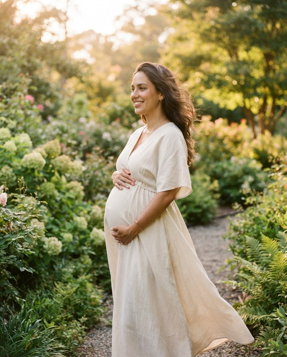 An expecting mother in a flowing cream dress stands in profile among garden foliage in warm golden-hour light.