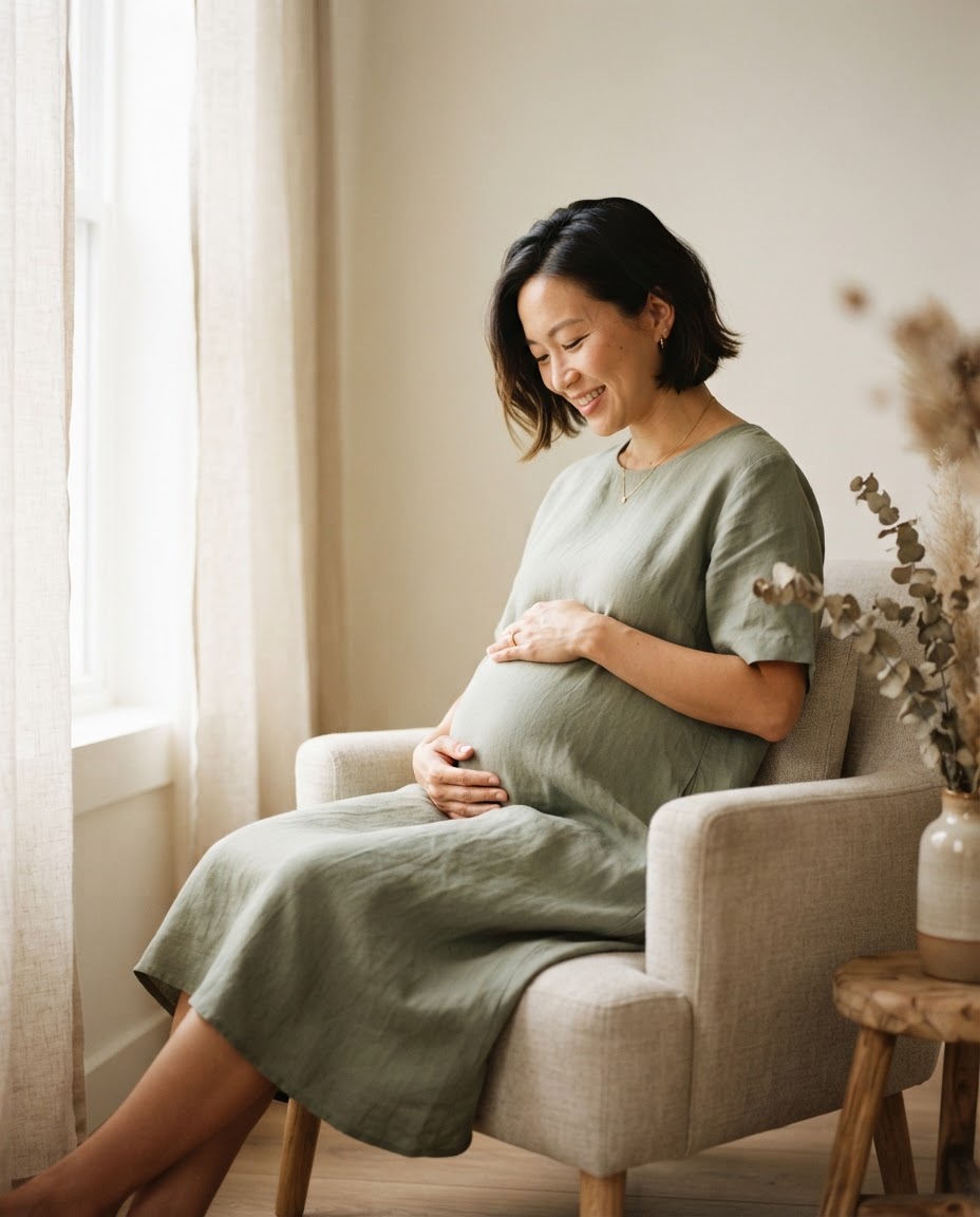 An expecting mother in a sage linen dress sits beside a tall studio window with both hands on her belly.