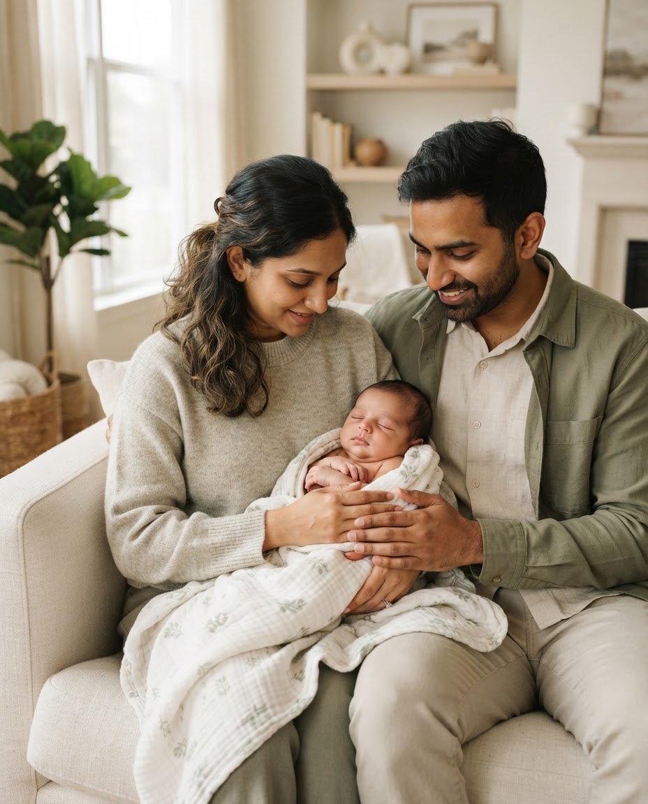 A couple on a cream linen sofa gently holding their sleeping newborn