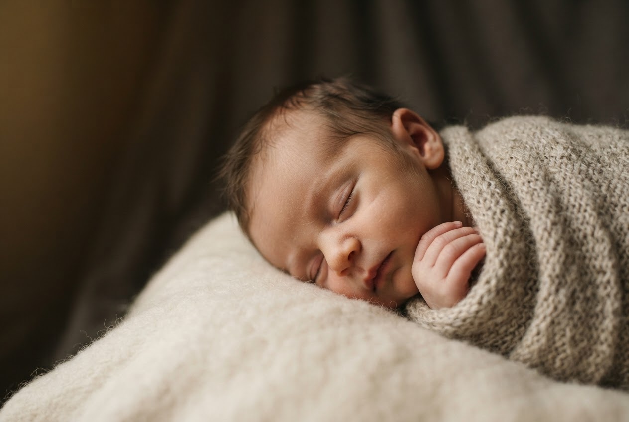 A sleeping newborn wrapped in oatmeal knit, resting in gentle window light