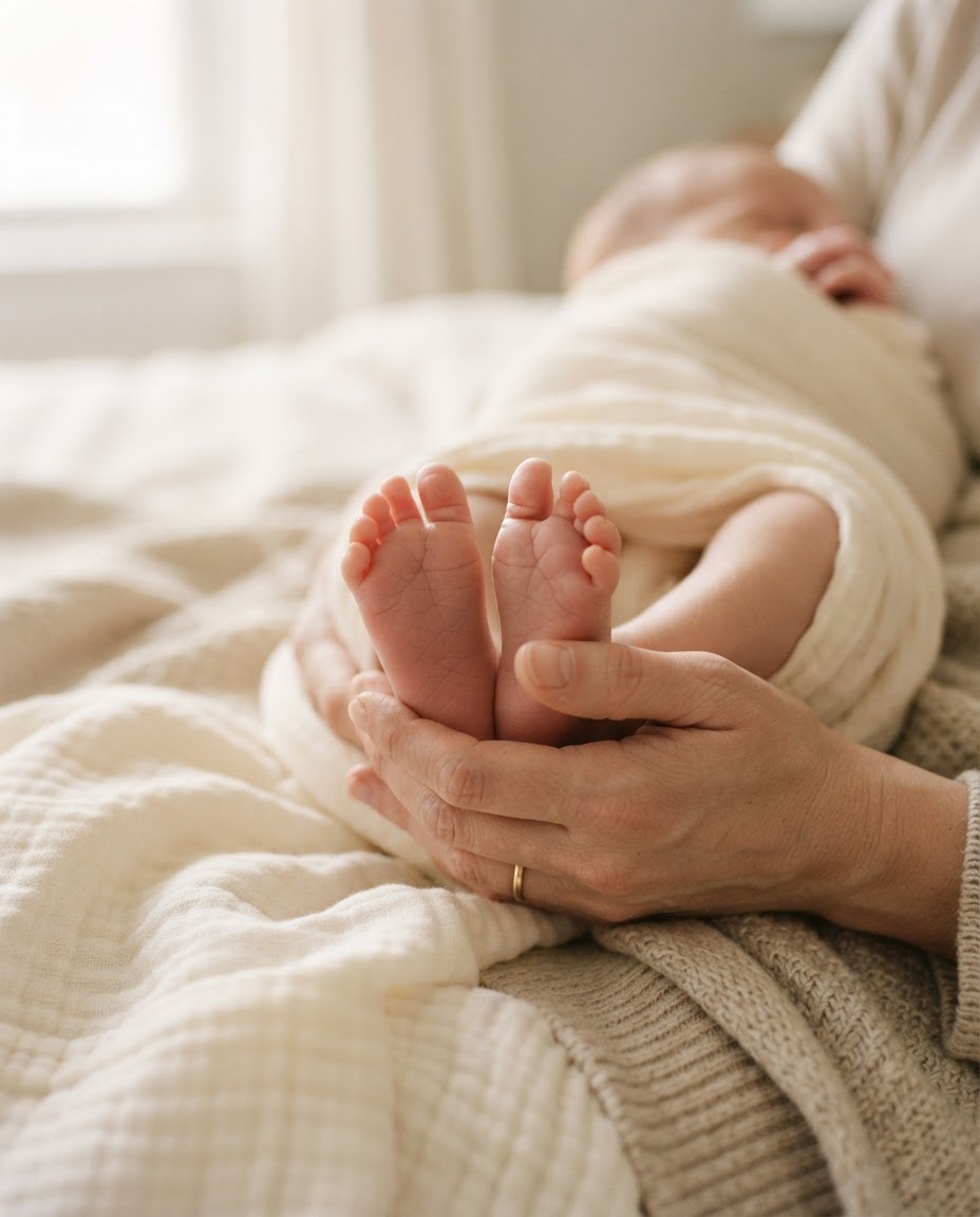 A parent's hands gently holding their baby's tiny feet