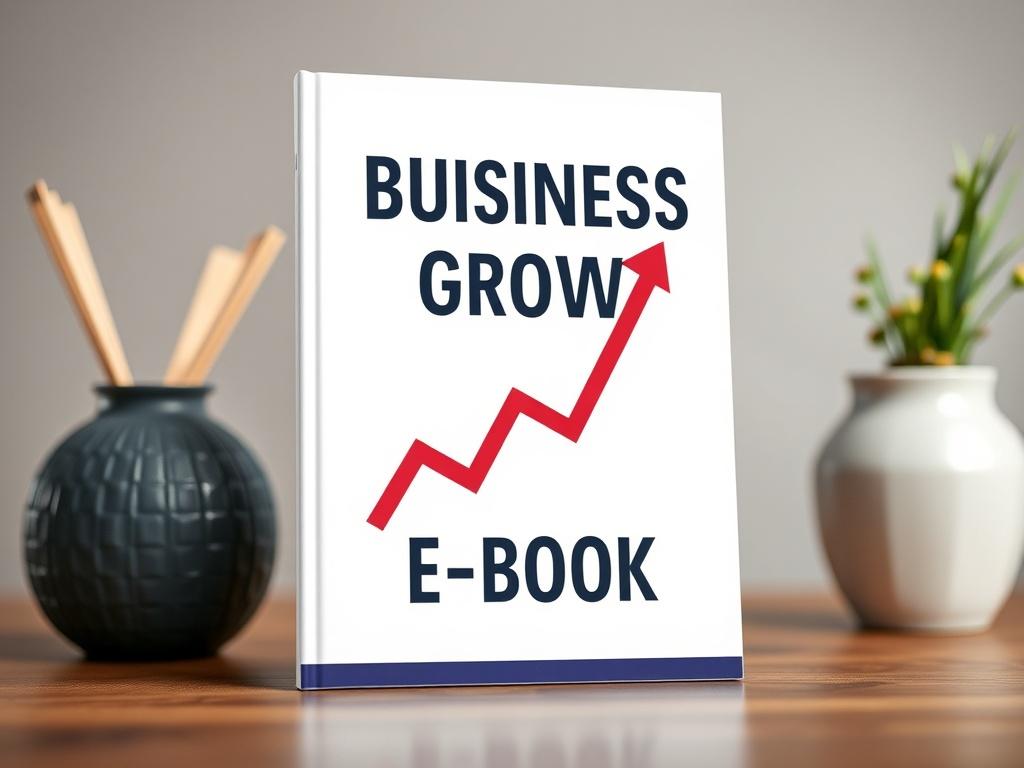 A realistic high-resolution image of a digital e-book cover displaying a professional design with the title 'Business Growth E-Book'. The cover should feature a dynamic upward arrow symbolizing growth, with a clean and modern background that enhances readability. The composition should focus solely on the e-book cover, with soft lighting to highlight its features.