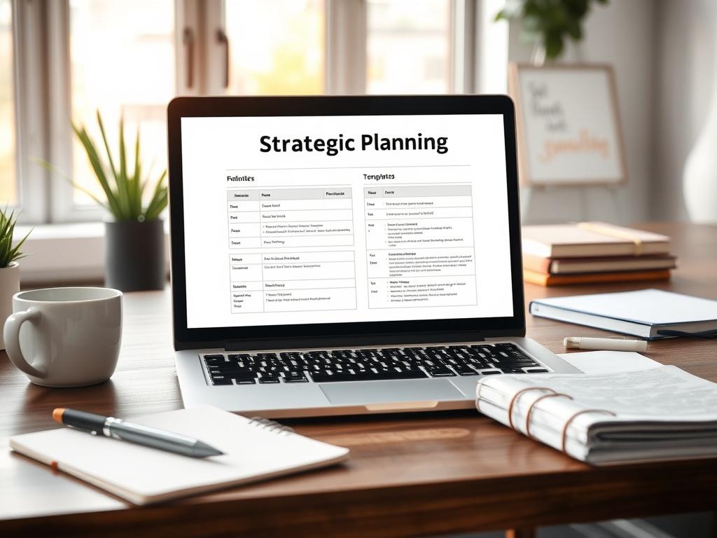 A high-resolution image of a desktop scene featuring the Strategic Planning Template opened on a laptop screen. The setting should have a clean, organized workspace with a pen, notebook, and coffee cup nearby. Soft natural light should illuminate the scene, creating a professional and inviting atmosphere.