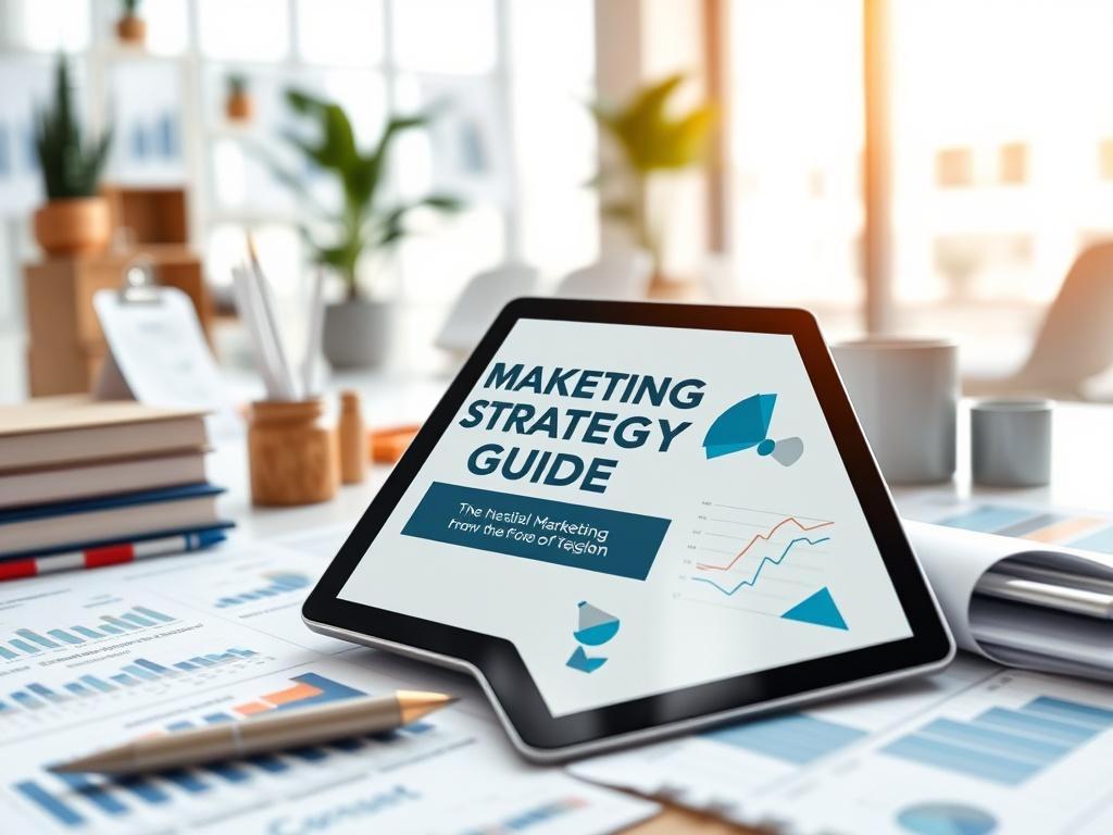 A realistic high-resolution image of the Marketing Strategy Guide displayed on a tablet, surrounded by marketing materials like charts and graphs. The background should be a bright, modern office environment, capturing the essence of creativity and strategy in marketing. Soft lighting should enhance the visual appeal.