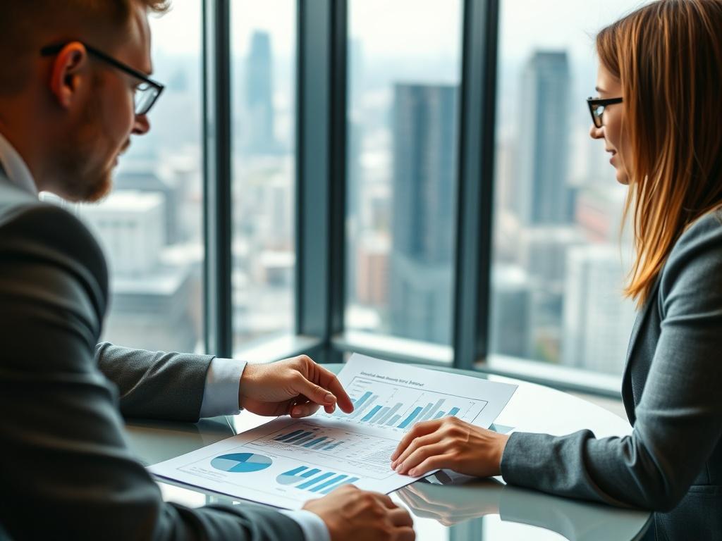 A close-up of a business consultant discussing a strategic plan with a client. The setting features a modern office environment with a large window showing a cityscape in the background. The consultant is pointing at a document on the table, which highlights graphs and charts. The focus is on the interaction between the two individuals, capturing the seriousness and professionalism of the meeting. Use a hyper-realistic style, shot with a 45mm f/1.2 lens.