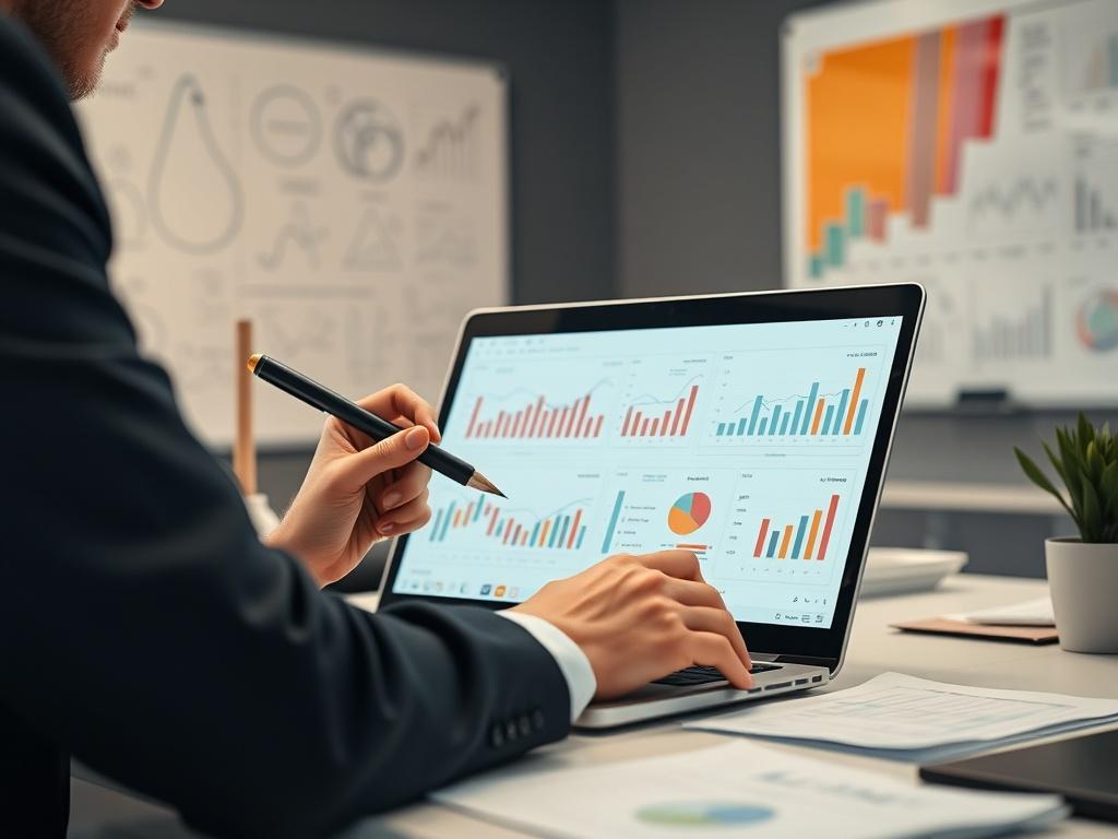 A close-up of a market analyst reviewing data charts and graphs on a laptop. The background features a modern office with a whiteboard filled with notes and diagrams. The analyst is focused, using a pen to highlight key points on the screen. The image should convey a sense of professionalism and analytical thinking, showcasing the importance of data in business strategy. Use a hyper-realistic style, shot with a 45mm f/1.2 lens.