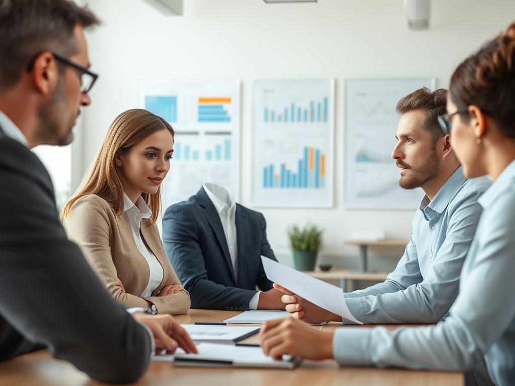 A close-up of a business consultant working with a team to improve processes. The setting is a bright, open office space with charts and graphs displayed on a wall. The team is gathered around a table, discussing strategies and solutions. The focus should be on teamwork and collaboration, highlighting the importance of process optimization in a business context. Use a hyper-realistic style, shot with a 45mm f/1.2 lens.