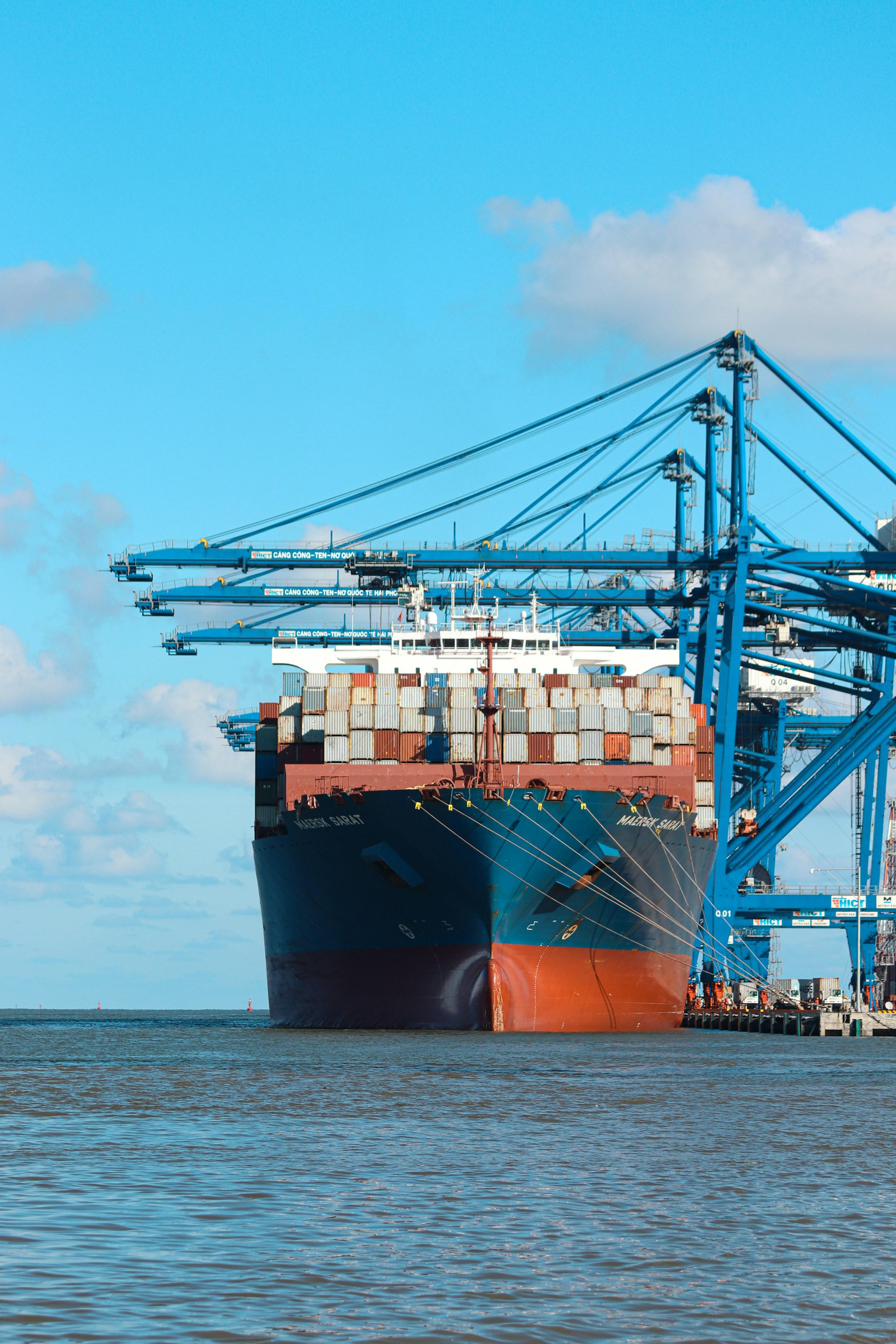 Container carrier waiting to take off. Hai Phong International Container Terminal (HICT), Vietnam (Jully 2022)
