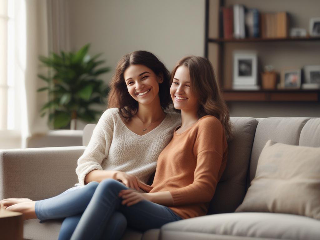 A charming young woman smiling warmly while sharing a cozy