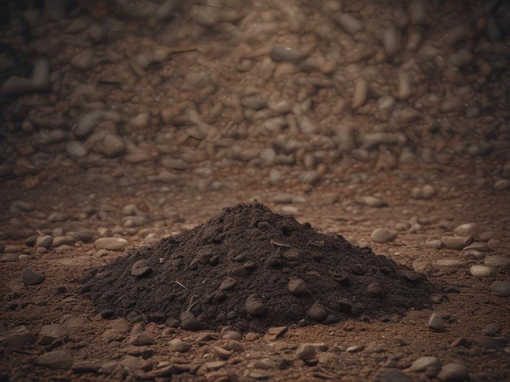 A mound of rich, dark topsoil, showcasing its texture and quality, with a natural rustic setting in the background.
