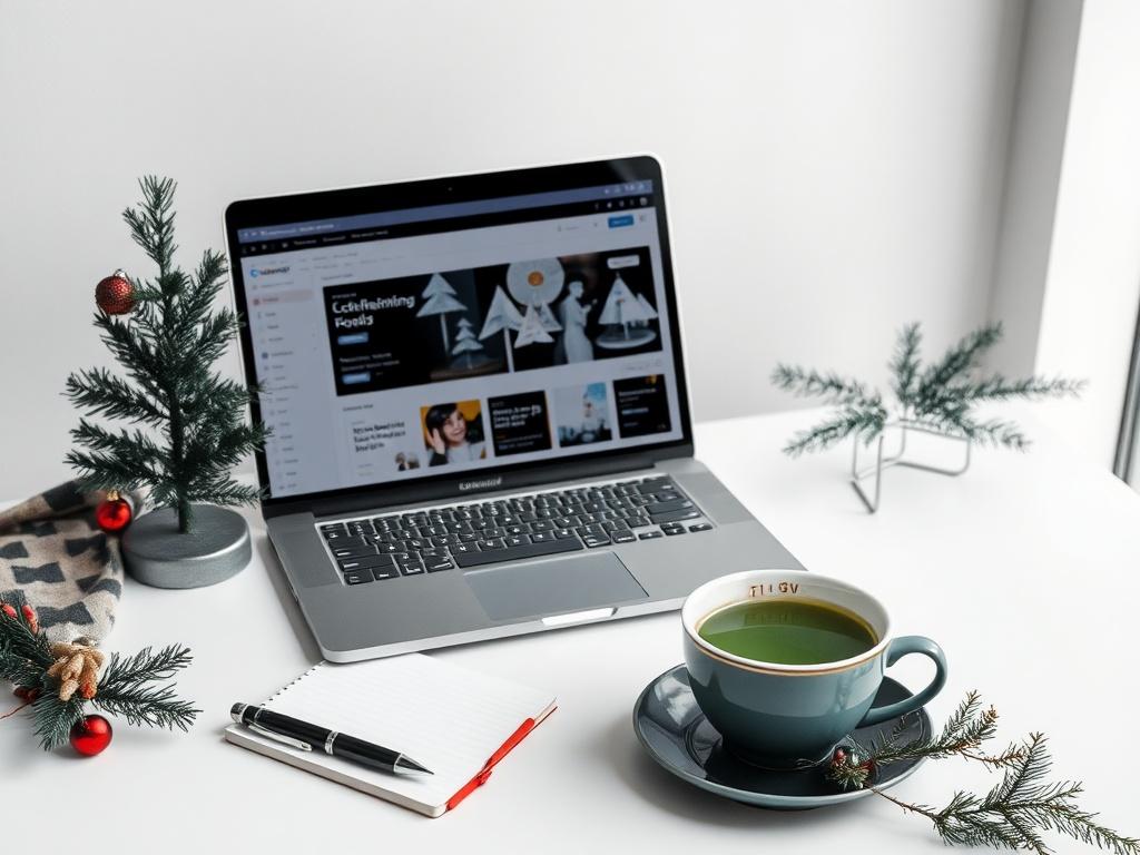 **AI Image Generation Prompt:**

Create a realistic high-resolution photo that embodies the spirit of Christmas while highlighting the theme of creating new PLR content for a digital marketing company named "Curated 7 Studios Content Marketing Solutions." 

**Composition and Subject Matter:**
- The image should feature a clean and polished workspace with a single subject: a sleek laptop open to a content creation platform, symbolizing the development of Private Label Rights (PLR) content. 
- Focus on the la