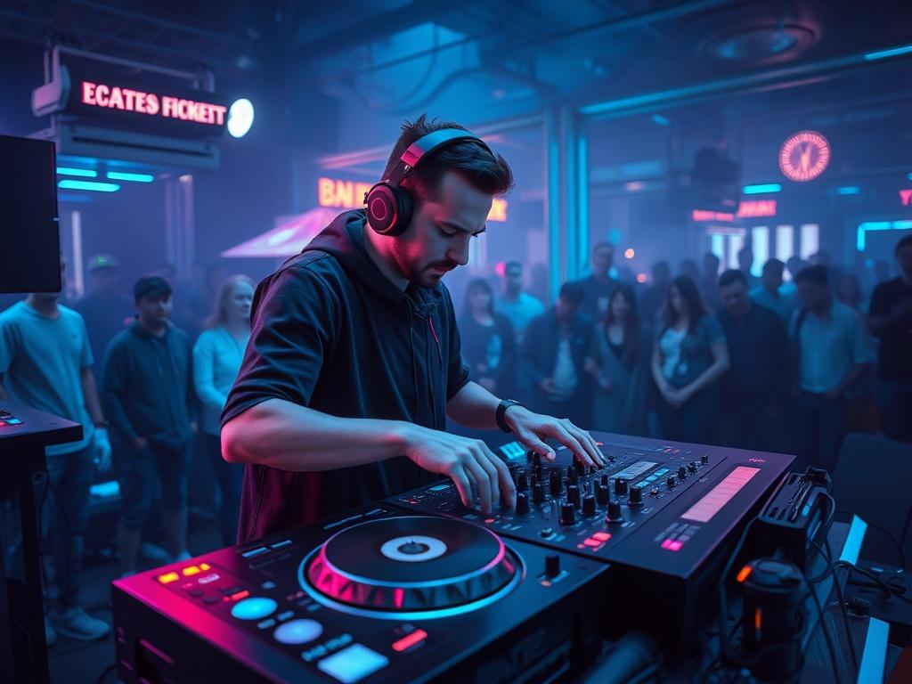 A high resolution image showing a DJ in a vibrant,