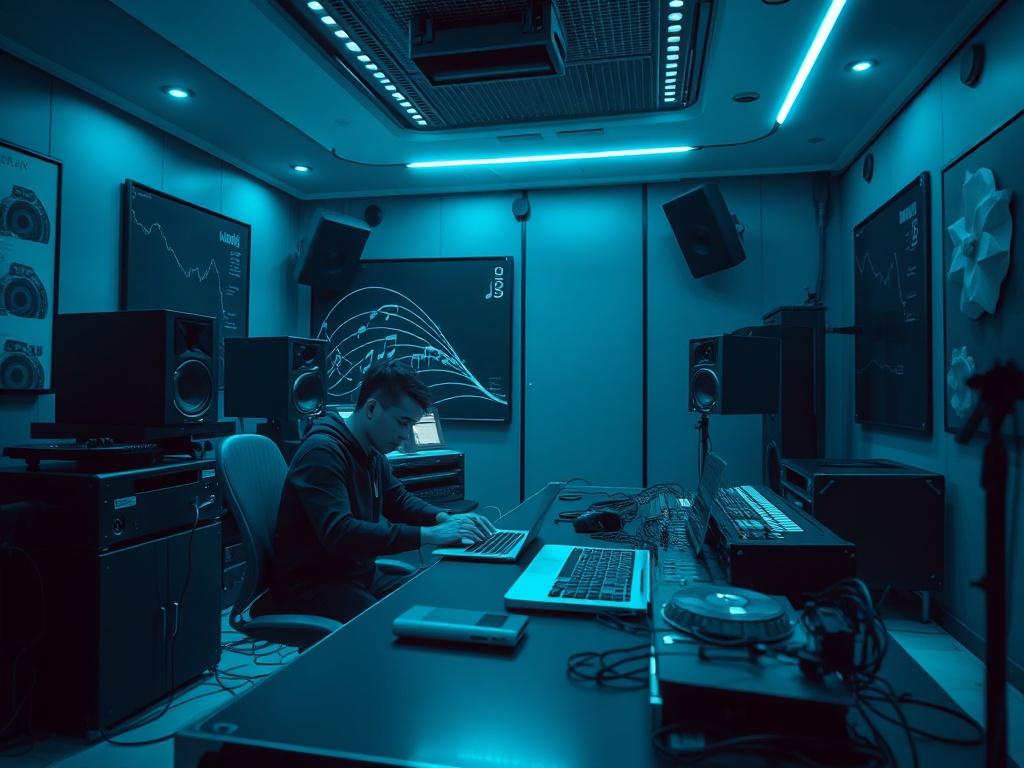 A high resolution image featuring a futuristic music studio with