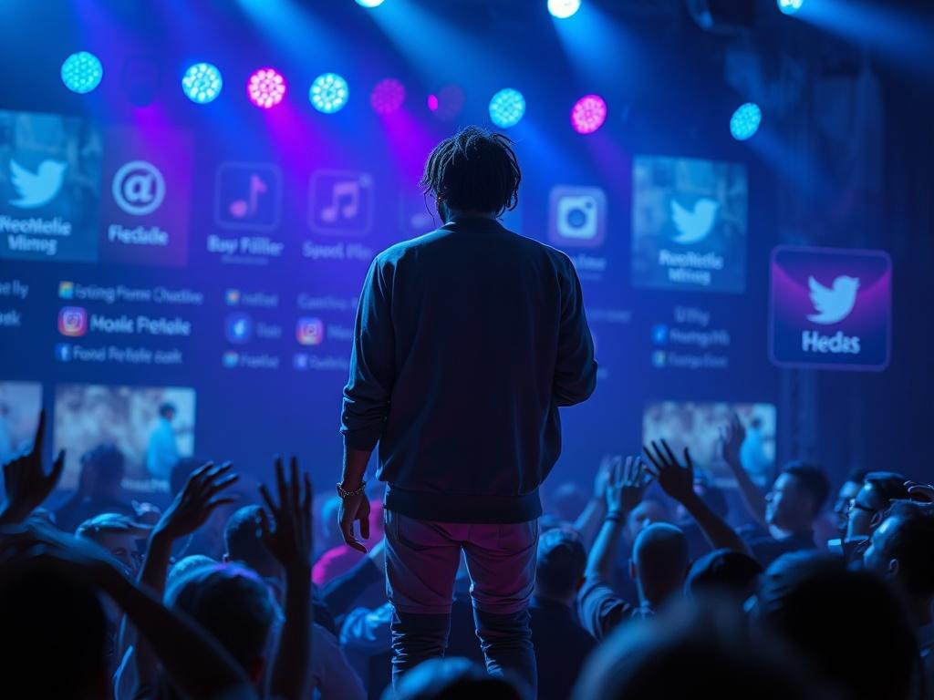 A dynamic image of an artist on stage, illuminated by