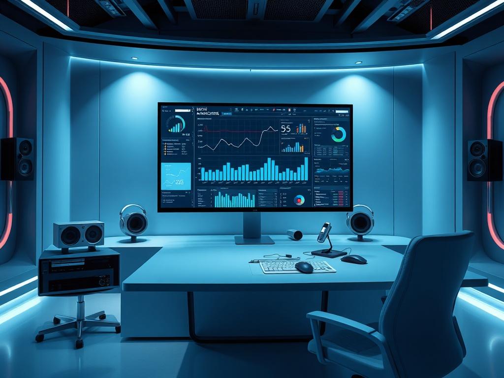 A sleek, futuristic workspace featuring a professional analyzing music analytics