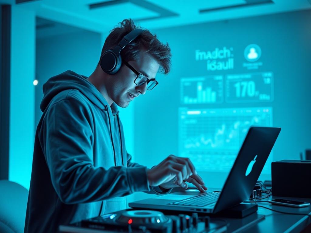 A futuristic and vibrant scene showcasing a DJ interacting with