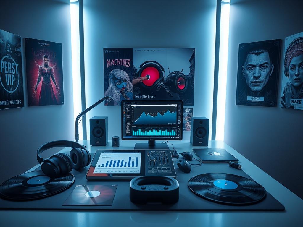 A realistic high-resolution photo of a futuristic music marketing workspace featuring a sleek desk with high-tech gadgets, vibrant music posters on the walls, and soft gray lighting creating a cool-toned environment. The focus should be on the desk with a digital tablet displaying analytics, surrounded by headphones, vinyl records, and a laptop with music editing software open.