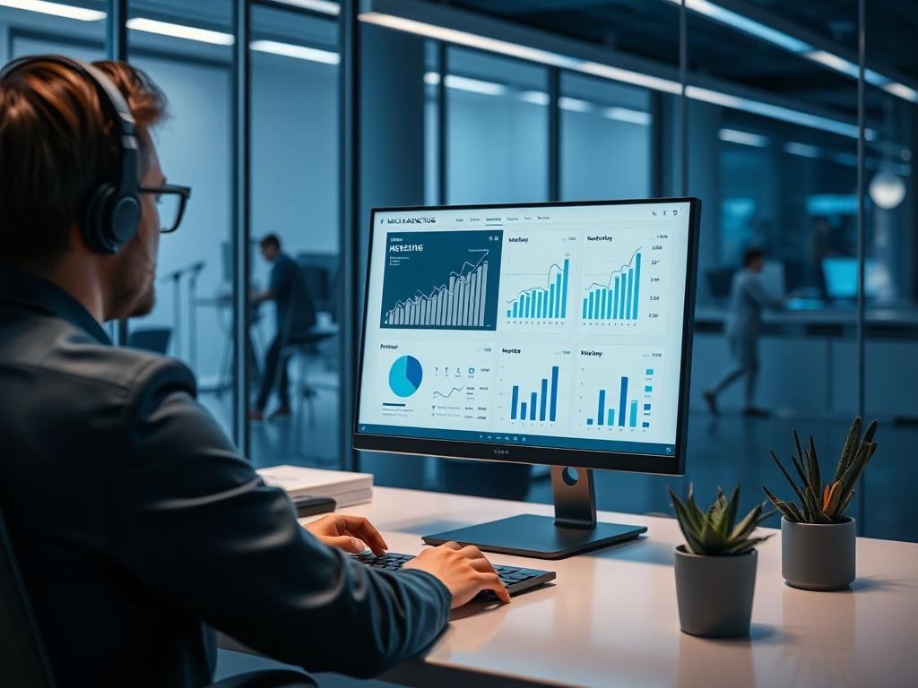 A cool-toned, high-resolution photo of a marketing professional analyzing campaign data on a computer screen in a sleek office. The screen displays graphs and metrics related to music promotion. The environment features shades of rich blues and soft grays, emphasizing a tech-savvy and contemporary feel.