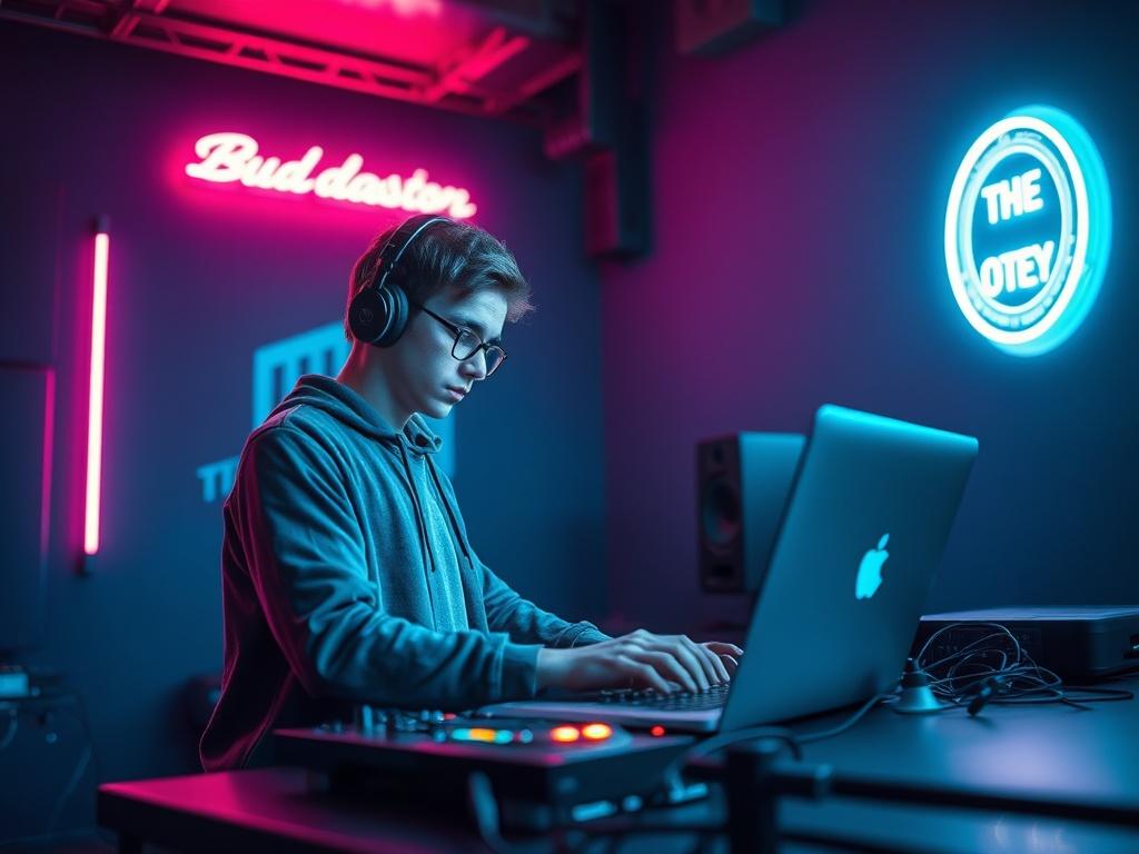 A cool-toned, high-resolution photo of a young DJ working on a laptop in a modern studio environment, with neon lights reflecting off the walls. The DJ is focused, wearing headphones and surrounded by sound equipment. The background features shades of rich blues and soft grays, creating a futuristic and creative atmosphere.