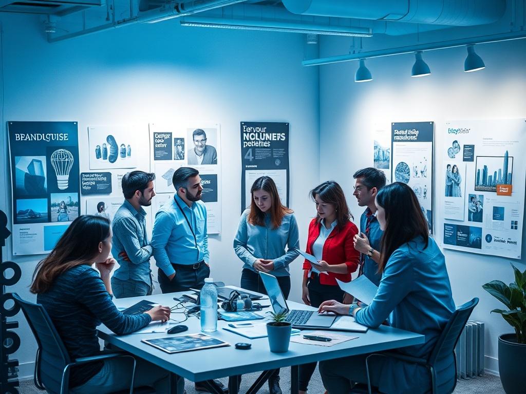 A cool-toned, high-resolution photo of a creative team collaborating on branding materials in a modern office setting. The team is diverse, discussing ideas while surrounded by posters and digital designs. The atmosphere is vibrant with shades of blues and grays, reflecting a professional yet artistic vibe.