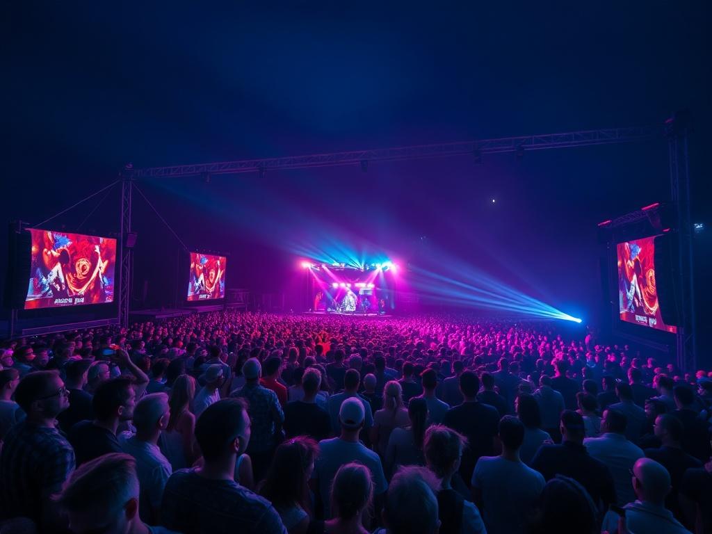 A high-resolution image of a vibrant music festival scene, featuring a packed audience enjoying live performances, with colorful stage lights illuminating the atmosphere. The composition should include shades of rich blues and soft grays to match the cool-toned environment.
