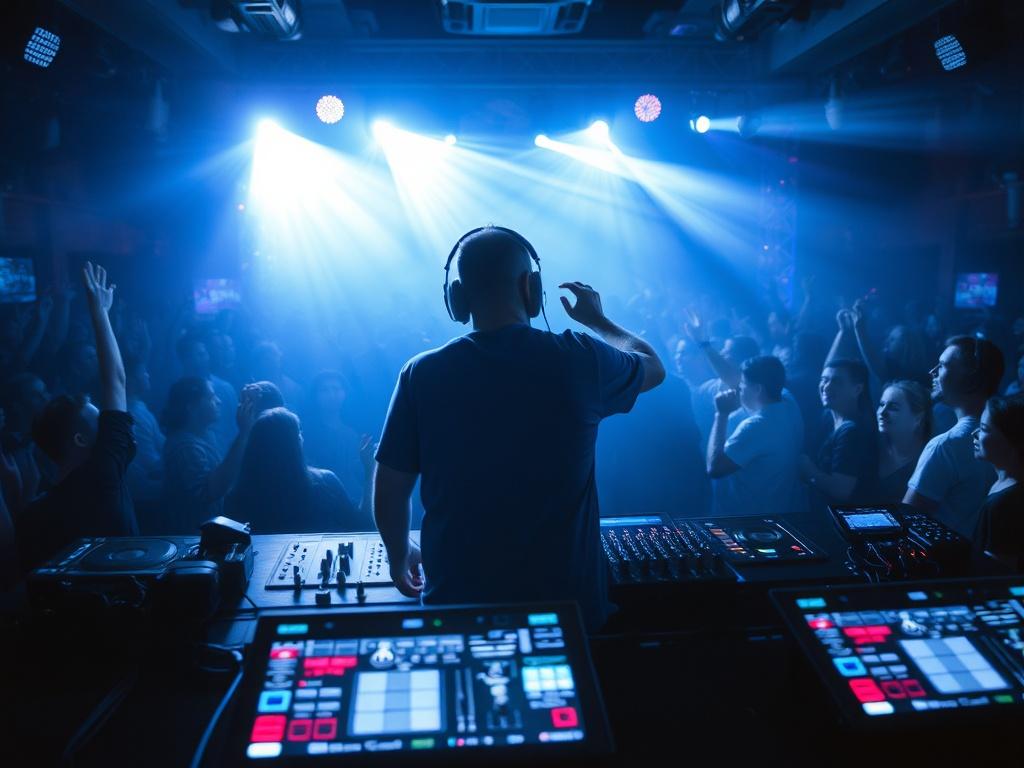 A high-resolution image of a DJ performing live, surrounded by vibrant lights and an energized crowd, capturing the essence of an electrifying music event. The background should feature shades of rich blues and soft grays, creating a cool-toned environment.
