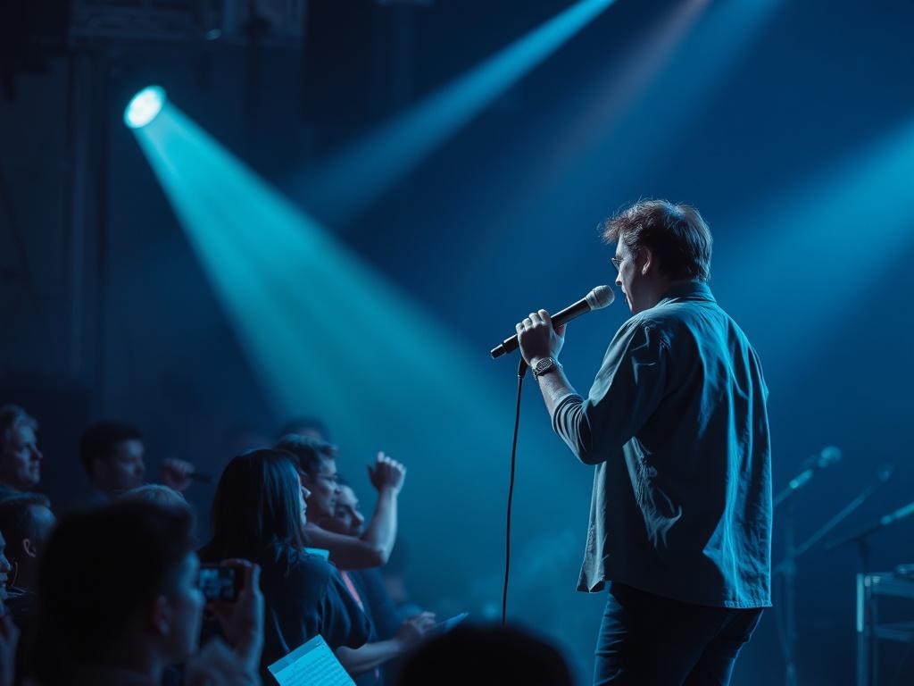 A high-resolution image of a local artist performing on stage, passionately engaging with the audience, surrounded by a cool-toned environment featuring shades of rich blues and soft grays.