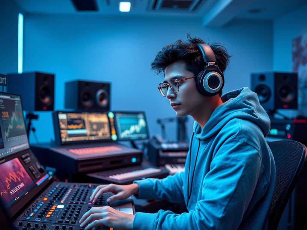 A high-resolution image depicting a young artist in a modern studio setting, surrounded by music production equipment, with a bright blue and soft gray color scheme. The artist appears focused and inspired, working on their music with vibrant energy. The background should subtly include elements of digital marketing, like graphs and social media icons, to symbolize growth and online presence. The overall atmosphere should be futuristic and creative, showcasing the connection between music and digital market