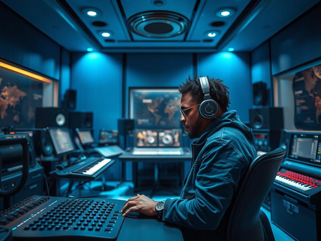 A high-resolution image capturing a luxurious recording studio filled with cutting-edge technology and a renowned artist working on their music. The studio is adorned with rich blue and soft gray tones, creating an inspiring environment. The artist appears deeply focused, with visual elements of marketing strategies and analytics subtly integrated into the scene to illustrate the blend of music creation and strategic growth. The overall ambiance conveys success and professionalism in the music industry.