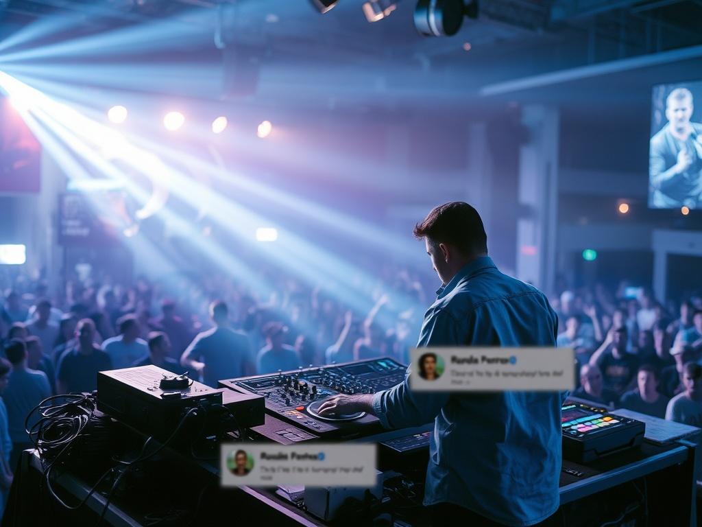 A high-resolution image showing a DJ performing live at a vibrant music festival, with a large crowd in the background. The scene is infused with cool-toned lighting, primarily rich blues and soft grays, creating an electrifying atmosphere. The DJ looks confident and engaged, surrounded by state-of-the-art sound equipment. Elements of social media engagement, like live comments or hashtags, subtly overlay the image to represent the connection between live performance and digital marketing.