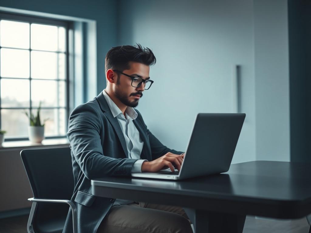 A realistic high-resolution photo of a confident music marketer analyzing data on a laptop in a modern, cool-toned office setting. The office features shades of rich blues and soft grays. The marketer is focused on a digital marketing dashboard displayed on the laptop screen, showcasing key metrics and analytics. The background is simple, with a stylish desk and a large window allowing soft natural light to illuminate the space.