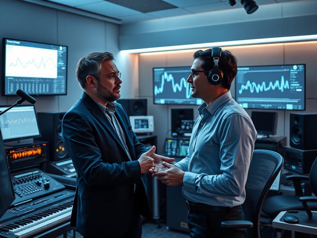 A high-resolution image of two professionals discussing in a modern office setting, surrounded by music equipment and digital screens displaying analytics. The environment should have cool-toned colors, emphasizing shades of rich blues and soft grays, creating a futuristic vibe.