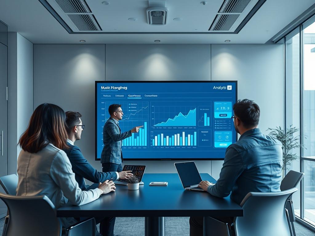A high-resolution image of a marketing analyst presenting performance charts to a group of music professionals in a modern conference room. The setting should feature cool-toned colors and a focus on data analytics.