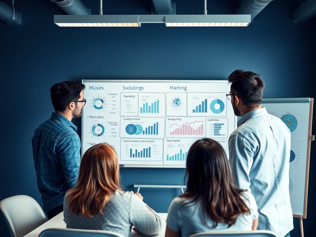 A high-resolution image of a marketing team brainstorming ideas on a whiteboard, with charts and graphs related to music marketing. The setting should be modern and vibrant, featuring cool-toned colors like rich blues and soft grays, reflecting a creative atmosphere.