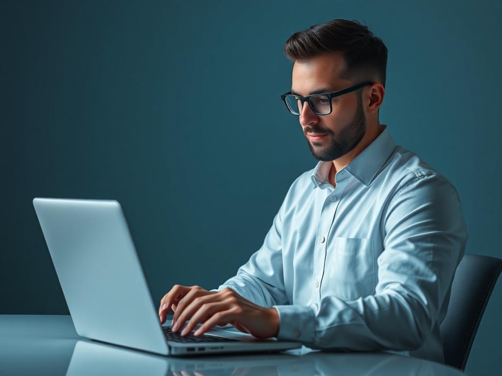 A high-resolution image of a digital marketing specialist working on a laptop, analyzing social media performance metrics. The background should feature cool-toned colors, specifically rich blues and soft grays, to create a professional and modern look.