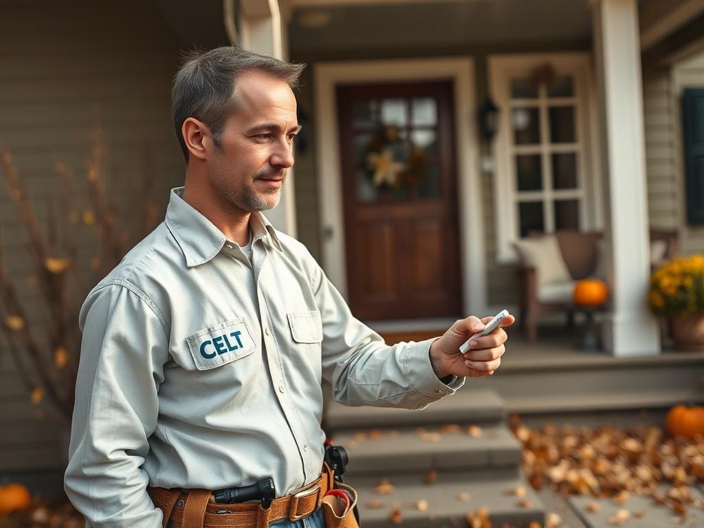 Create a realistic, high-resolution photo of a professional handyman, representing CELT Services, as he carefully inspects a home's exterior for seasonal changes. The handyman should be dressed in a crisp, branded uniform featuring the CELT Services logo, complete with a tool belt filled with essential tools like a screwdriver, flashlight, and notepad. 

The composition should focus solely on this one subject, showcasing him in a mid-action pose, such as checking the gutter or examining the foundation close