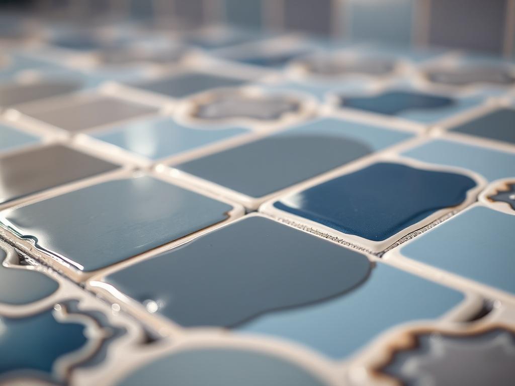 A close-up shot of a beautifully tiled surface, showcasing the intricate patterns and textures of the tiles. The image should capture the shine and quality of the tiles, with soft lighting that enhances their colors, while the background is slightly blurred to keep the focus on the tile work.