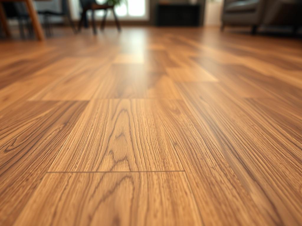 A close-up image of luxury vinyl plank flooring, depicting a stylish and modern design that mimics natural wood. The lighting should highlight the texture and sheen of the planks, while the background remains blurred to emphasize the flooring's elegance and quality.