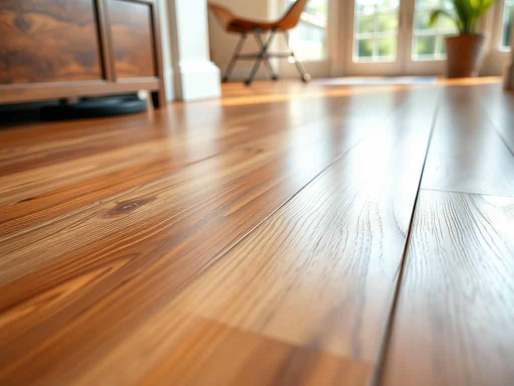 A close-up shot of a beautifully installed hardwood floor, showcasing the rich grain and finish of the wood. The image should focus on the texture and shine of the hardwood, with natural light highlighting the details. The background should be softly blurred to emphasize the flooring, creating an inviting ambiance.