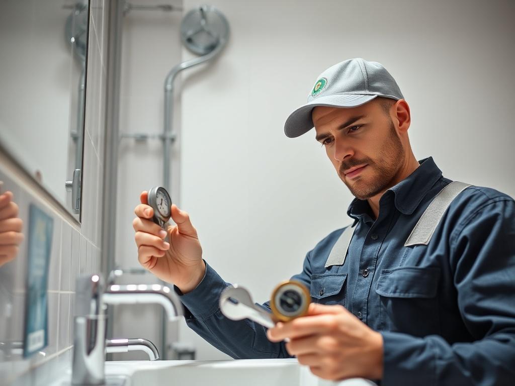 Create a realistic high-resolution photo that reflects the theme of a blog titled "Low Water Pressure in Your House? Common Causes and Solutions." The composition should be simple and focused, featuring a single subject: a skilled plumber inspecting a household water pressure gauge in a clean, well-lit bathroom setting. The plumber should appear engaged and thoughtful, wearing a professional uniform and holding a wrench in one hand while examining the gauge with the other.

Ensure the background showcases s