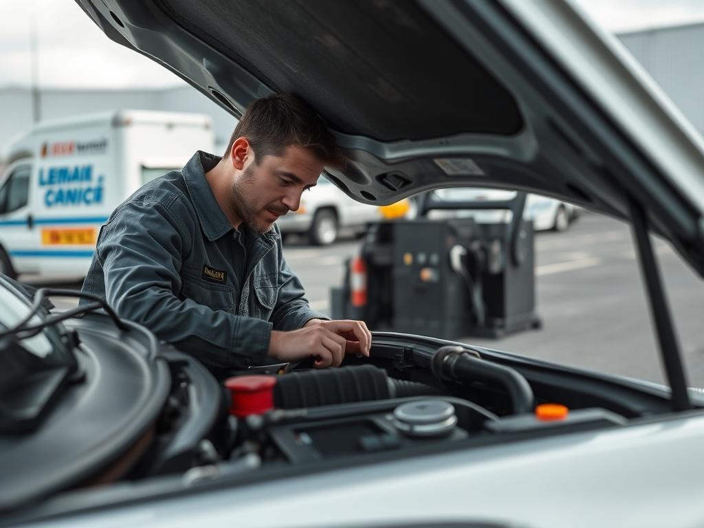A close-up shot of a mobile mechanic working on a vehicle in a parking lot. The mechanic is focused on the engine, with tools and diagnostic equipment visible. The background shows a clean and organized work area with a service truck parked nearby. The lighting is bright, highlighting the mechanic's concentration and the details of the vehicle's engine. The image should evoke a sense of professionalism and expertise, with the primary color of the image reflecting rgb(50, 170, 39).