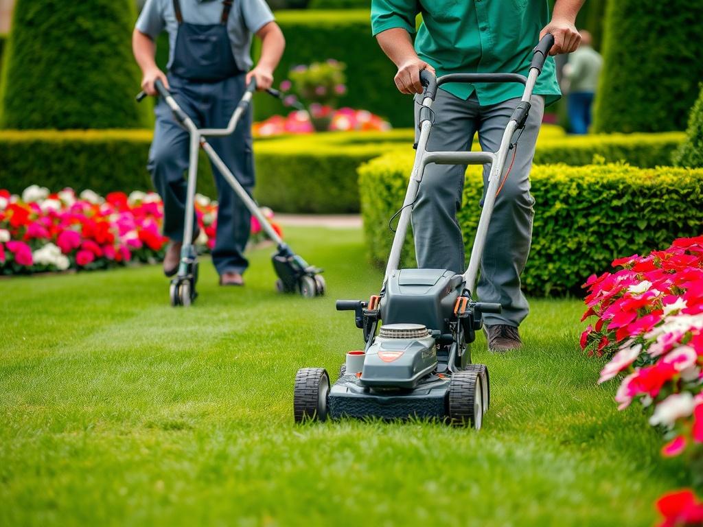 A close-up shot of a grounds maintenance crew working on a lush lawn, using professional equipment. The background shows vibrant flower beds and neatly trimmed hedges. The image conveys the essence of meticulous grounds care, highlighting the team's dedication to quality.
