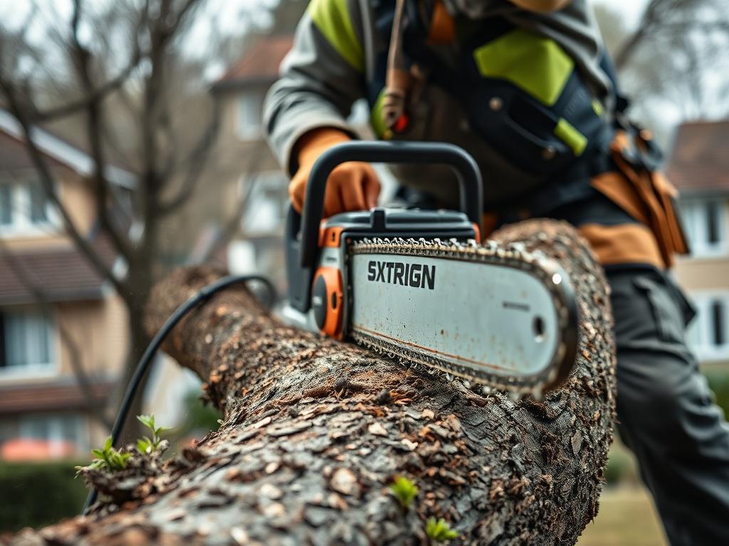 A close-up shot of a tree being safely cut down by a professional with a chainsaw. The background reveals a residential area, highlighting the importance of safety during tree removal. The image captures the focus on the technique and equipment used, emphasizing the careful process.