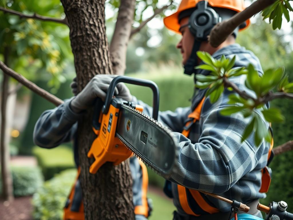 A close-up shot of a professional arborist carefully trimming a tree with a high-quality saw. The background shows a well-maintained garden with lush greenery. The composition highlights the focus on the arborist's precision and safety gear, showcasing the art of tree trimming.