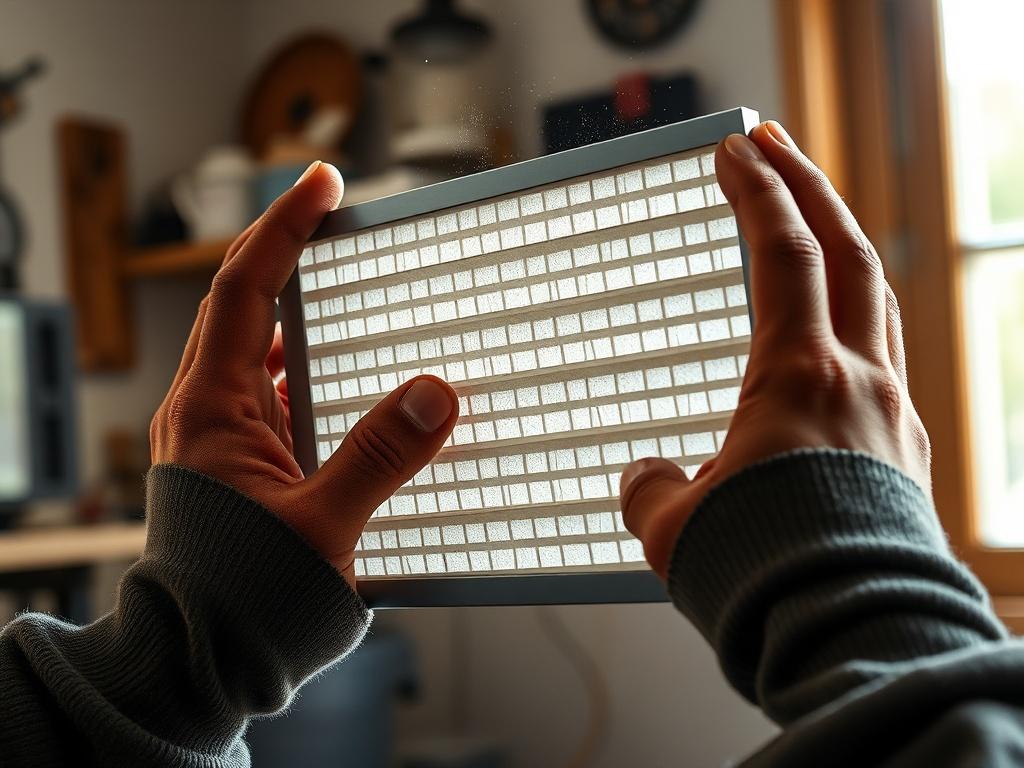 Create a highly detailed, realistic high-resolution photo that captures the essence of home maintenance. The image should feature a single subject: a pair of skilled hands inspecting a well-maintained HVAC filter. Focus on the texture of the filter itself, showcasing its cleanliness, with dust particles visible in the air around it, highlighting the importance of regular maintenance. 

The background should be softly blurred to emphasize the hands and the filter, representing a cozy home environment, with f