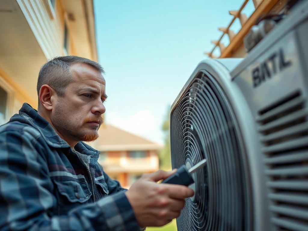 A close-up shot of an HVAC technician working on a malfunctioning air conditioning unit outdoors. The technician is using tools to troubleshoot the unit, with a focused expression. The background shows a residential setting with a clear blue sky, capturing the urgency of the repair in high resolution.