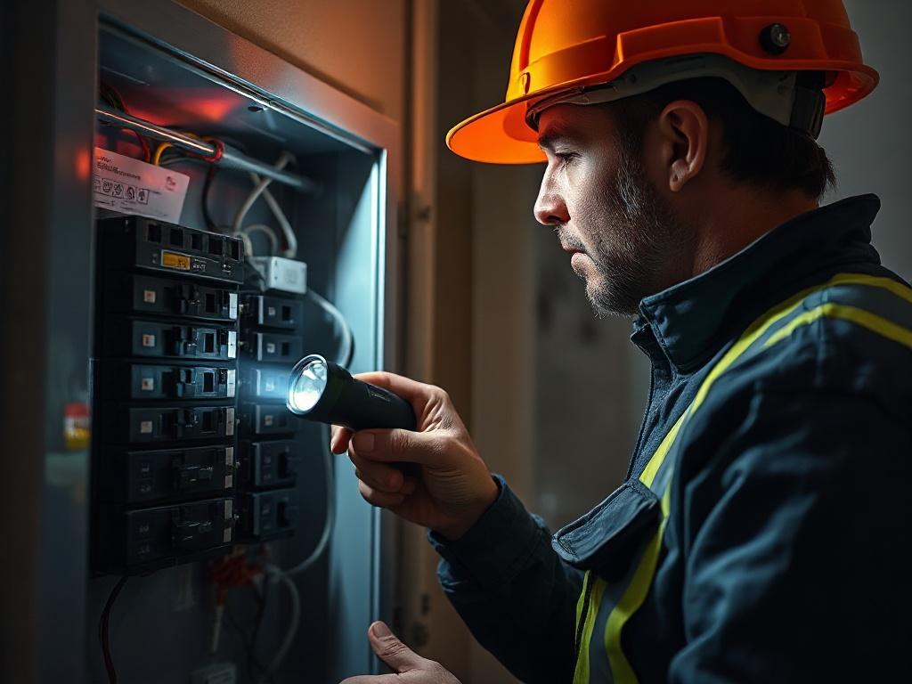 A close-up shot of an electrician troubleshooting a circuit breaker panel inside a home. The electrician is wearing safety gear and examining the panel with a flashlight. The background is dimly lit, emphasizing the urgency of the situation, captured in high resolution.