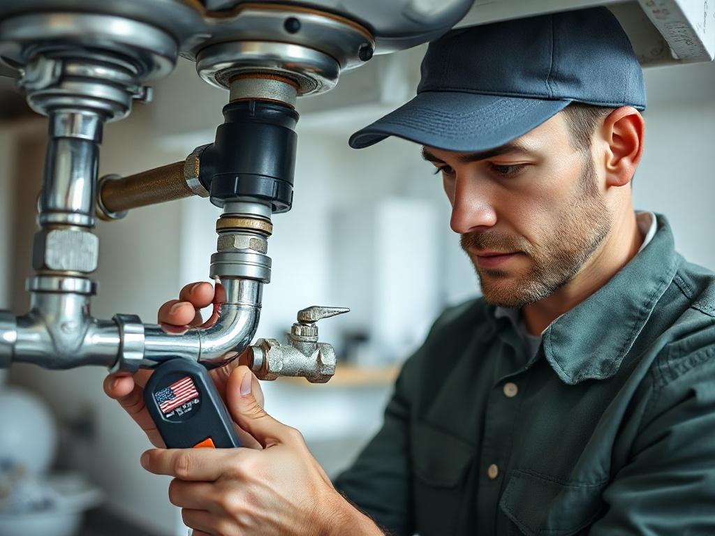 A close-up shot of a skilled plumber in action, repairing a burst pipe under a kitchen sink. The plumber uses a wrench and is focused on the task. The background shows a clean and organized kitchen environment. The lighting highlights the plumber's concentrated expression and the shiny metal tools, captured in realistic high resolution.